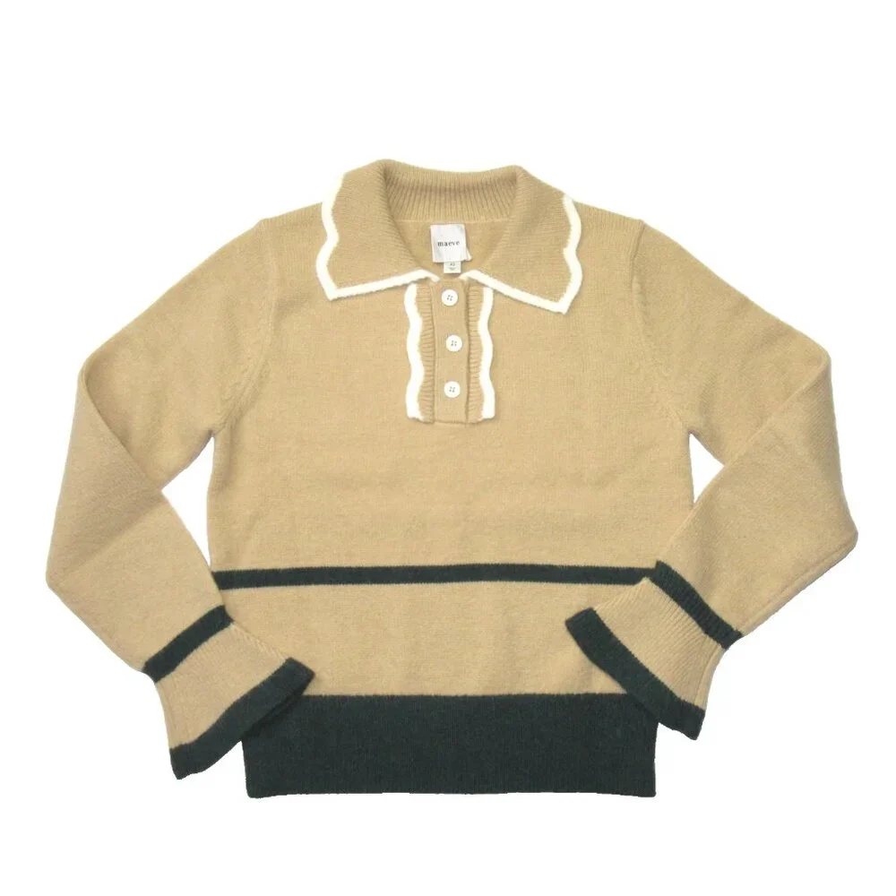 NWT Anthropologie Maeve Scallop Collared Sweater in Neutral Green Trim Top XS - Picture 5 of 7